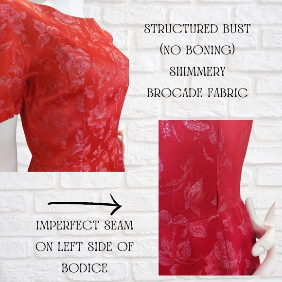 Vintage Red 1950s Rockabilly Brocade Shimmer Party Fit and Flare Tea Dress - Picture 2 of 5